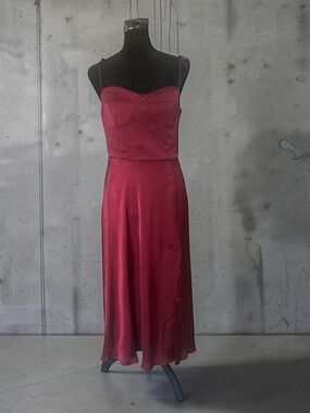 On You Burgundy Satin Slip Midi Dress M Smocked Back Spaghetti Straps